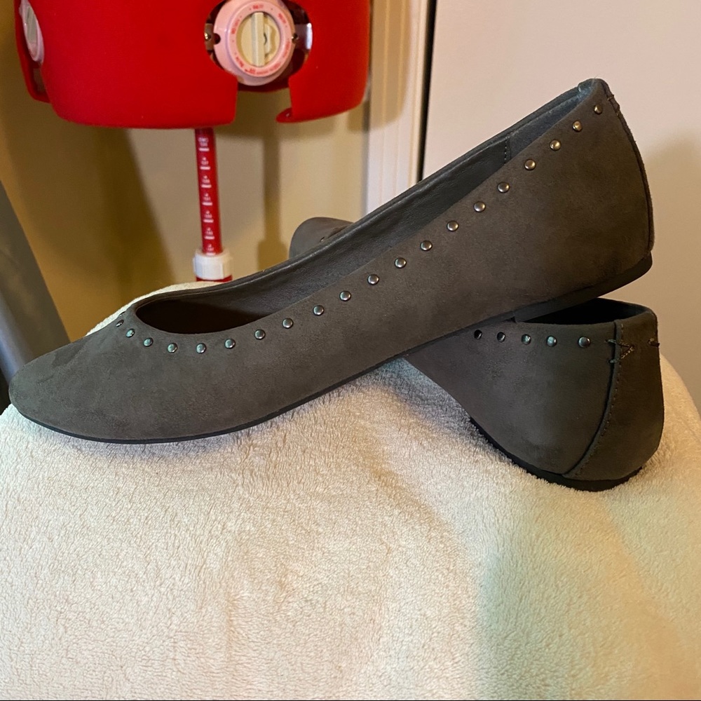 Limelight grey suede flats with stud detail